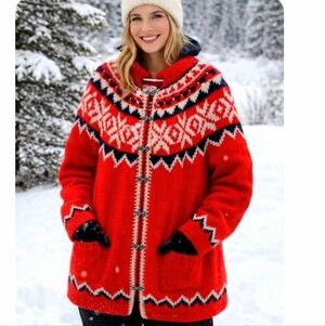 Vintage Hand Knit Danish Wool Cardigan Nordic Snowflake Pattern Pewter Clasps
